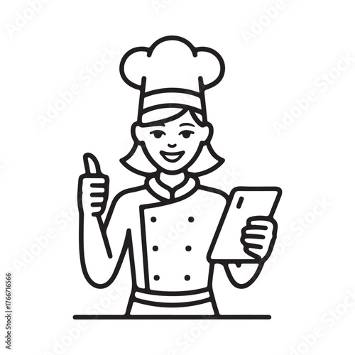 Happy female chef in uniform holding a tablet and giving a thumbs up