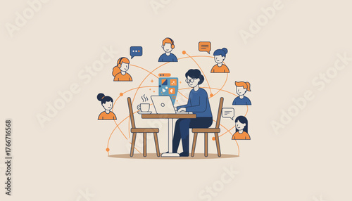 Person working on a laptop at a table with coffee, connected by lines to multiple team members and communicating through chat bubbles, illustrating remote work and collaboration