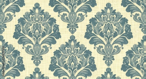 Close-up of a damask patterned wallpaper with teal designs on a cream background.