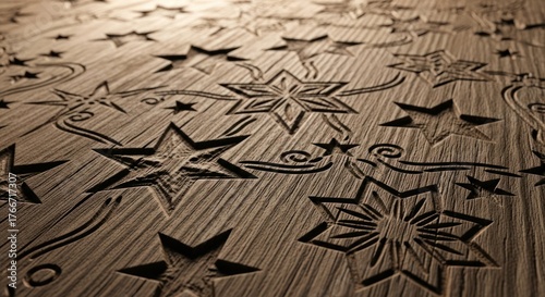 Close-up of a wooden surface with intricate carved star patterns and designs in a warm, earthy tone.