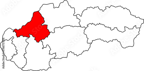 Detailed vector map of Slovakia highlighting Trenčiansky kraj, a Western Slovakia territory centered on Trenčín, known for its significant historical castles, spa towns, and river valley location.