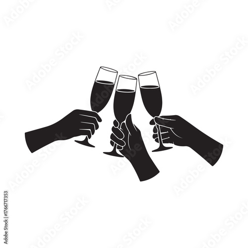 three hands in silhouette clinking glasses of red wine in a toast