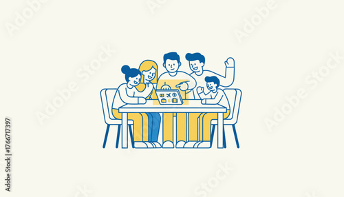 Family members sitting around a table, planning their upcoming travel vacation together using a digital tablet with travel related icons, finding destinations and activities, on a light background