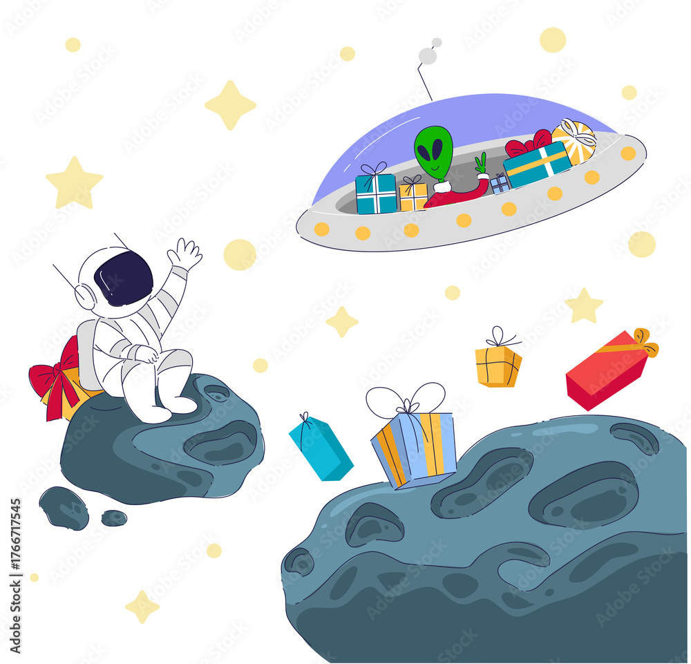 Naklejka premium An astronaut waves at an alien spaceship on an asteroid, creating a colorful, festive scene