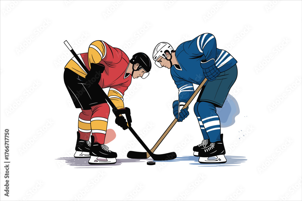 Obraz premium Ice Hockey Face-Off Between Red and Blue Team Players Illustration