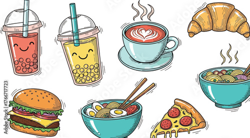 Kawaii Food & Drink Clipart Set: Cute Boba Tea, Burger, Ramen Bowls, and Coffee Doodles
Hand-Drawn Cafe and Comfort Food Vectors - Happy Characters for Fast Food Graphics
