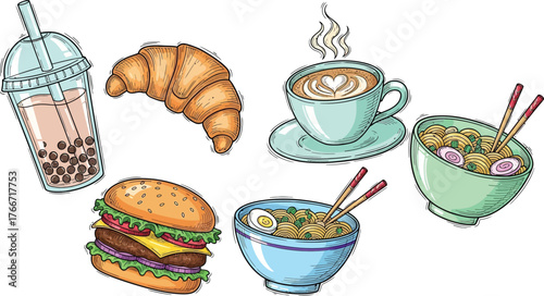 Kawaii Food & Drink Clipart Set: Cute Boba Tea, Burger, Ramen Bowls, and Coffee Doodles
Hand-Drawn Cafe and Comfort Food Vectors - Happy Characters for Fast Food Graphics