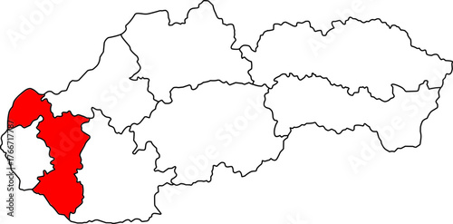 Detailed vector map of Slovakia highlighting Trnavský kraj, a Southwestern Slovakia territory centered on Trnava, known for its strong agricultural land, wind energy
