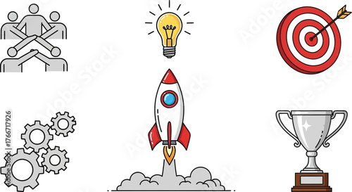 Colorful Business Concept Icons: Rocket Launch, Idea Bulb, Teamwork, Trophy, and Target Vectors

Startup Growth and Achievement Graphics Pack - Teamwork, Strategy, and Innovation Elements