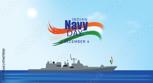Indian Navy ship sailing with tricolor wave and national flag illustration poster