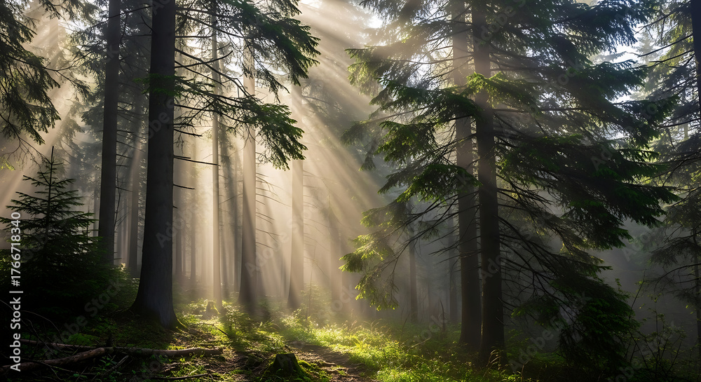Obraz premium Sunlight Filtering Through Trees in a Lush Forest.