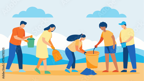 A of individuals cleaning up a beach picking up litter and sorting recyclable materials into clearly labeled bins.