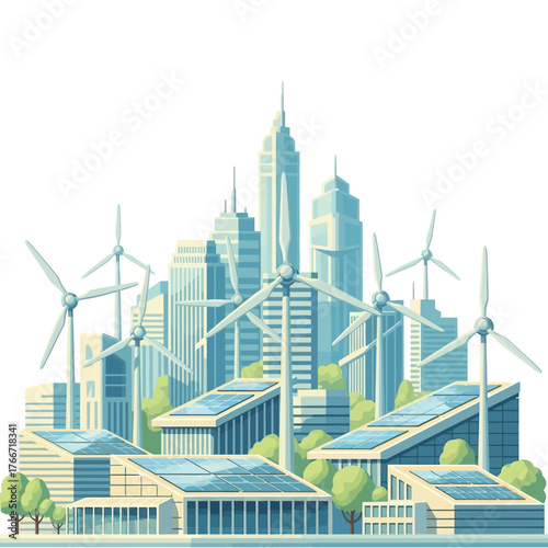 Concept of a futuristic sustainable city powered by clean renewable energy from wind turbines and solar panels on modern buildings