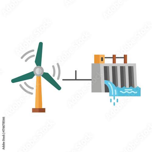 A conceptual illustration of a hybrid renewable energy system combining a wind turbine and a hydroelectric dam for clean power generation