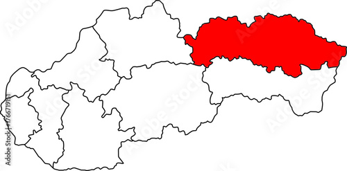 Detailed vector map of Slovakia highlighting Prešovský kraj, an Eastern Slovakia territory centered on Prešov, known for its rich history, diverse landscapes, and cultural heritage.