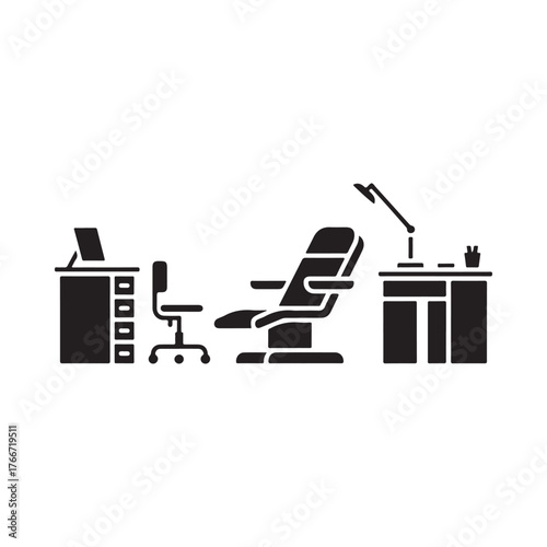 Medical examination room with chair and desk silhouette