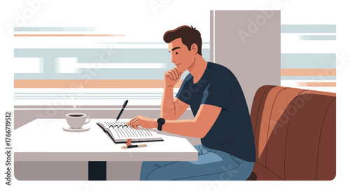 A man contemplates and writes in a notebook at cafe table, conceptual illustration