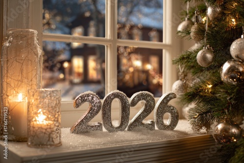 Glittering silver 2026 numbers sit on a snowy windowsill beside glowing candles and Christmas tree ornaments, creating a warm festive atmosphere in selective focus