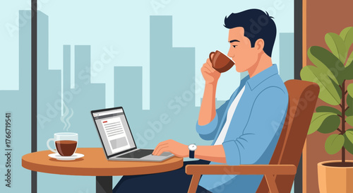 A man drinking coffee while working on a laptop in front of a window at a cafe