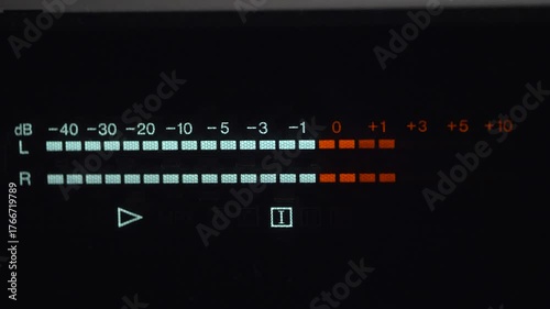 Digital audio level meter and time counter display in red and green colours