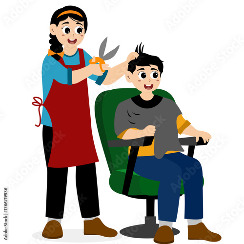 Hairdressing salon illustration concept. Clients in hairdresser salon. Hairstylist working cut people, barbershop haircut service saloon interior haircutter happy customers vector illustration