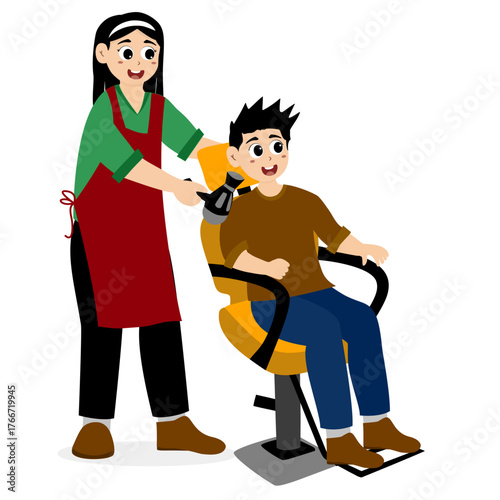 Hairdressing salon illustration concept. Clients in hairdresser salon. Hairstylist working cut people, barbershop haircut service saloon interior haircutter happy customers vector illustration