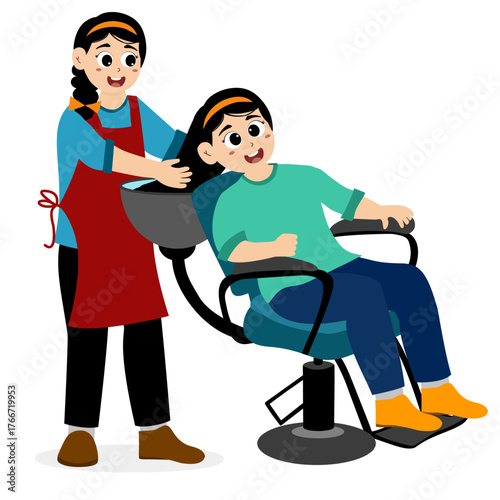 Hairdressing salon illustration concept. Clients in hairdresser salon. Hairstylist working cut people, barbershop haircut service saloon interior haircutter happy customers vector illustration
