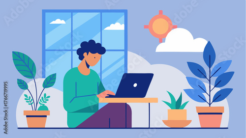 A remote worker enjoys the comfort of a sunlit balcony typing on a laptop while sipping tea and surrounded by flowering plants.
