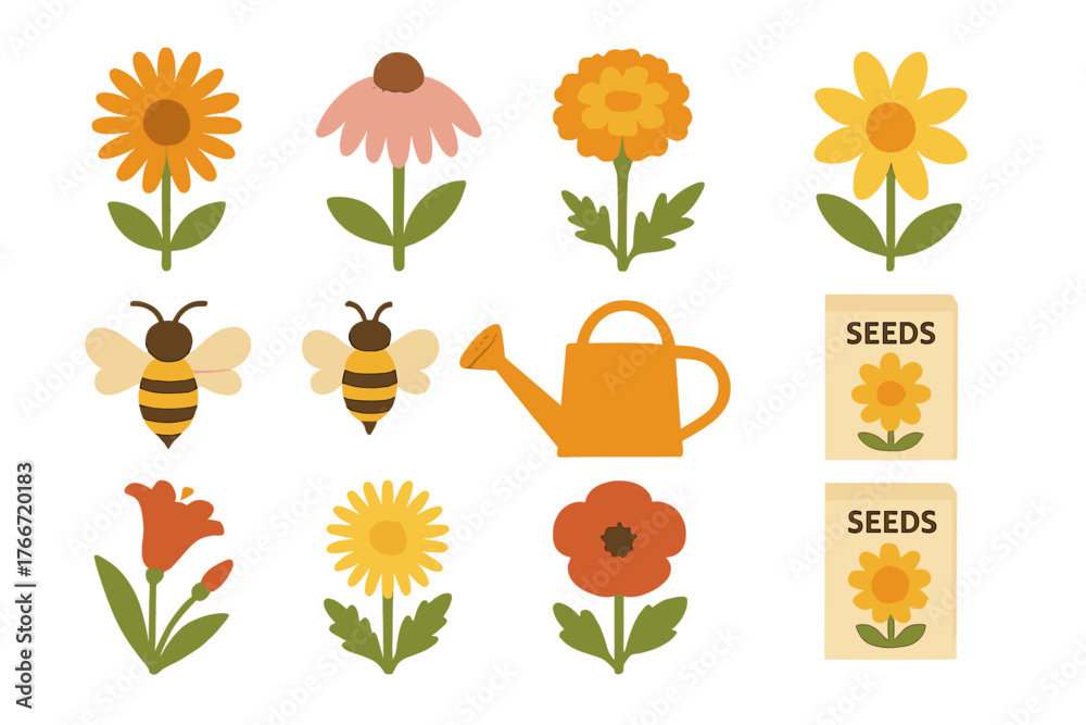 Fototapeta premium Colorful spring and summer garden elements featuring flowers, honey bees, and gardening tools