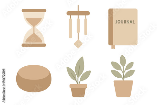 Minimalist icons for relaxation and mindfulness featuring home decor objects in neutral earthy tones