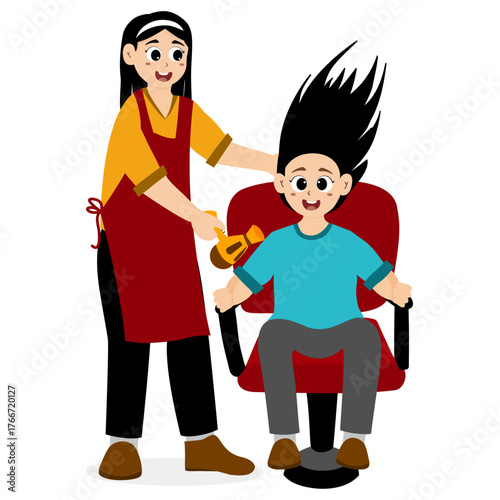 Hairdressing salon illustration concept. Clients in hairdresser salon. Hairstylist working cut people, barbershop haircut service saloon interior haircutter happy customers vector illustration
