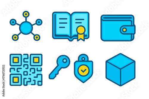 Six blue and yellow icons representing digital security, finance, data, and networking concepts
