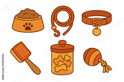 Essential pet care supplies collection including food bowl leash collar brush treats and toy