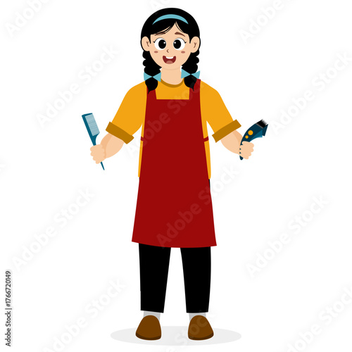 Hairdressing salon illustration concept. Clients in hairdresser salon. Hairstylist working cut people, barbershop haircut service saloon interior haircutter happy customers vector illustration