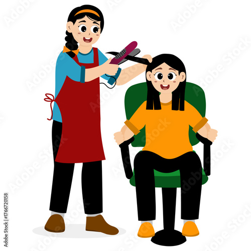 Hairdressing salon illustration concept. Clients in hairdresser salon. Hairstylist working cut people, barbershop haircut service saloon interior haircutter happy customers vector illustration