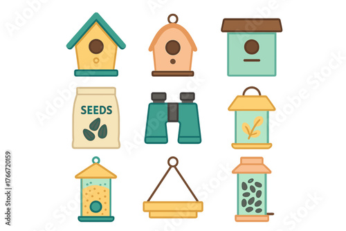 Set of birdhouses, bird feeders, binoculars, and seeds for backyard bird watching