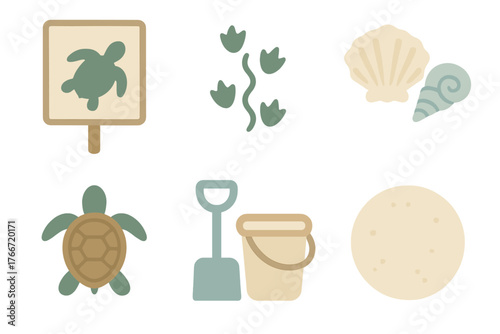 Collection of beach and ocean elements including sea turtle, tracks, shells, and sand toys in a muted palette