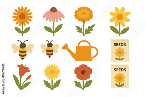 Colorful spring and summer garden elements featuring flowers, honey bees, and gardening tools