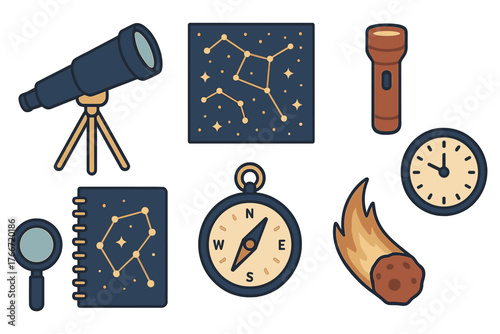 Collection of astronomy and navigation tools including telescope compass constellation map and comet