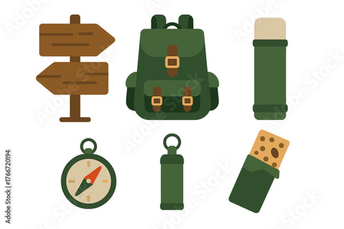 Essential hiking and camping equipment set including backpack, compass, thermos, and signpost