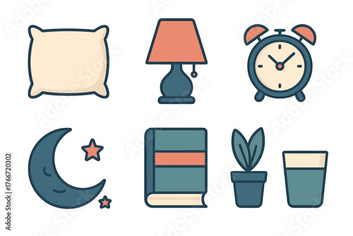 Bedtime and sleep routine symbols including pillow, alarm clock, lamp, book, and crescent moon