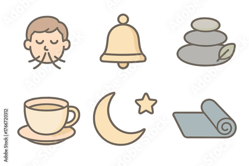 Wellness and relaxation symbols including breathing, meditation stones, yoga mat, and hot drink