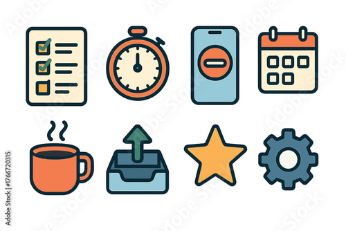 Essential business and productivity icons set with checklist, stopwatch, calendar, and settings gear symbols