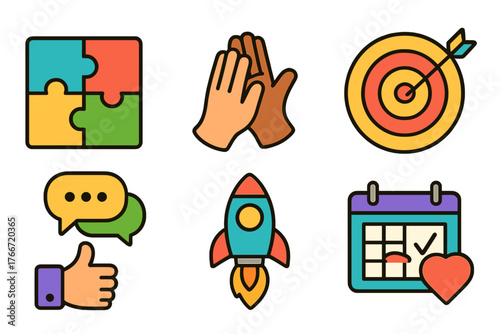 Business success icons: puzzle, high five, target, rocket, chat, and calendar symbols