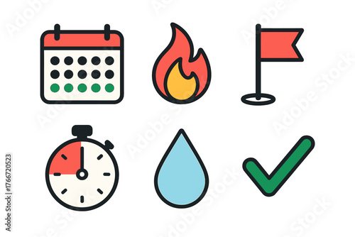 Colorful flat icons representing time management, goals, energy, and success concepts