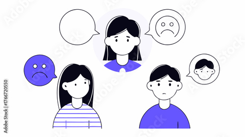 Illustrative characters of various ages showing emotions like happiness sadness and anger in colorful thought bubbles representing the diverse feelings discussed in family