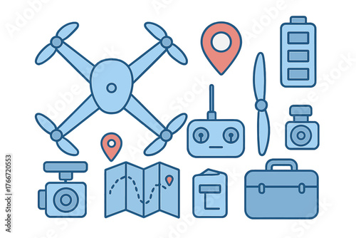 Essential drone equipment and accessories set including quadcopter, remote control, battery, and map