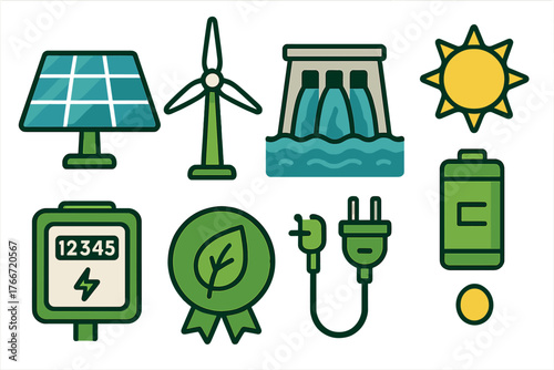 Renewable energy and sustainability icons set featuring solar panel wind turbine dam battery and electric meter