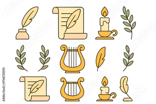 Classical writing and poetry symbols set with quill pens, ink, scrolls, lyre, and laurel branches