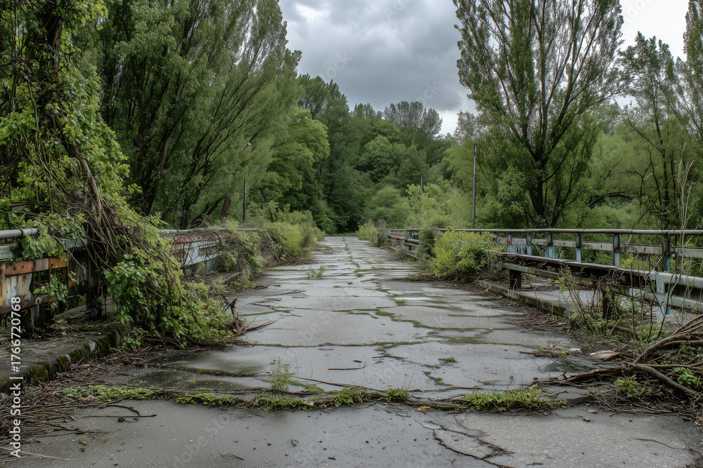 Fototapeta premium Abandoned overgrown bridge with cracked pavement and encroaching vegetation spanning both sides, surrounded by dense green trees under cloudy sky, no people visible
